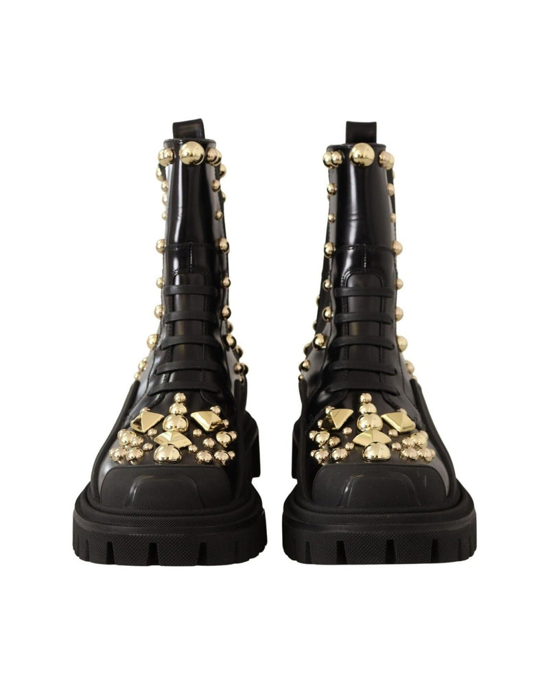Dolce & Gabbana Studded Embroidered Leather Combat Boots Boots
