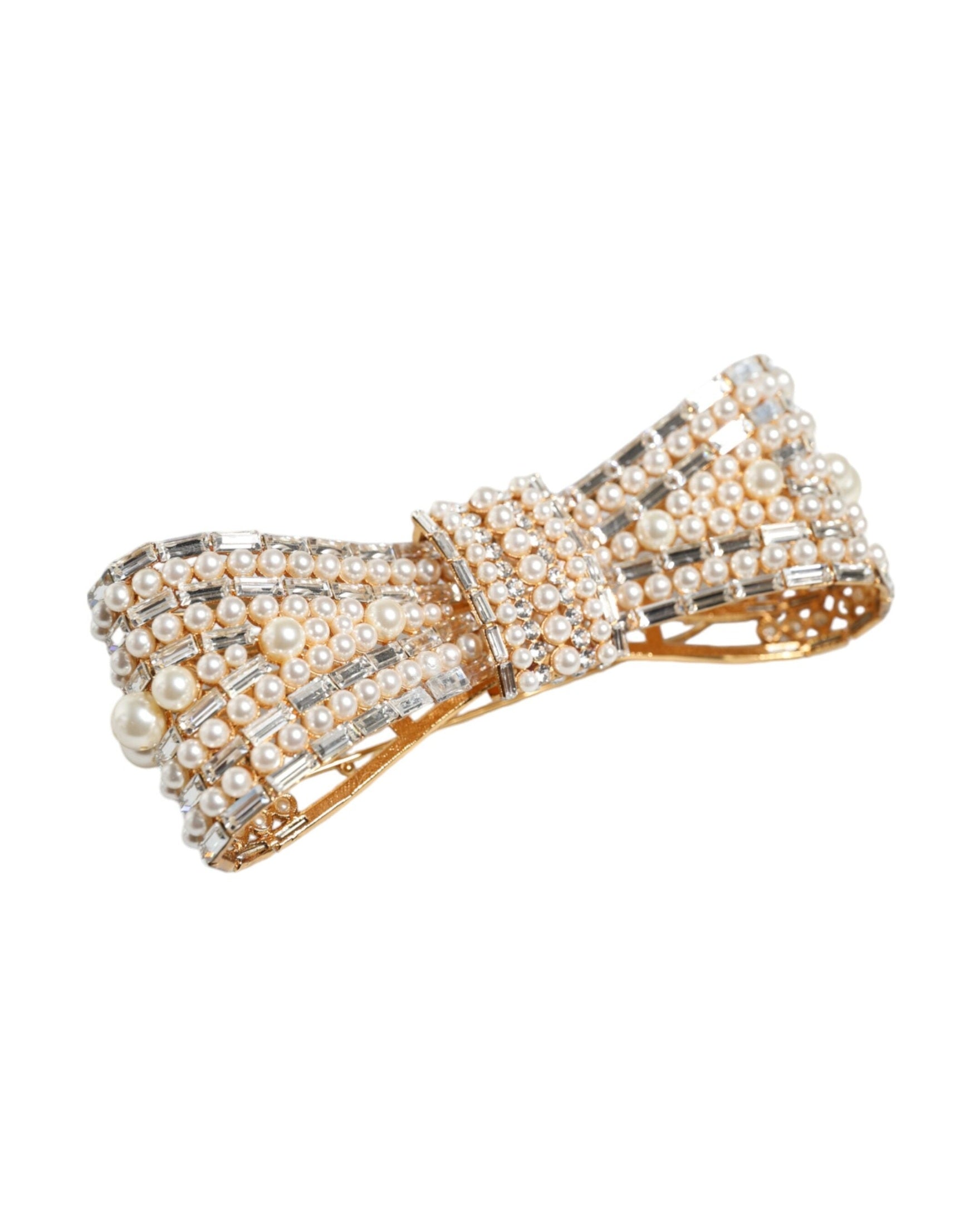 Dolce & Gabbana Tone Brass Bow Crystal Fauxpearl Embellished Gold Brooch Glam Steals