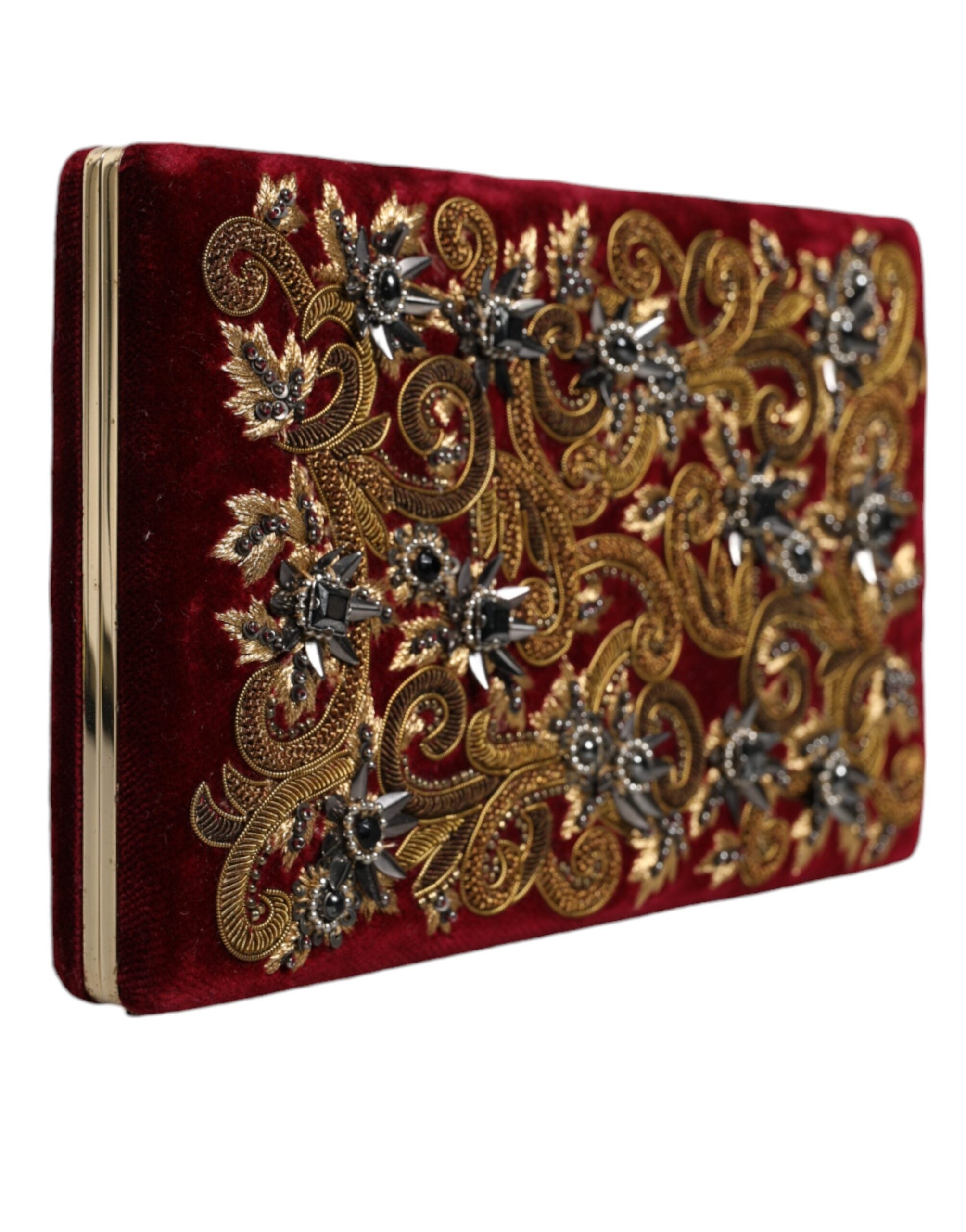 Dolce & Gabbana Velvet Frame Clutch Evening Party Purse Red Gold Bag Glam Steals