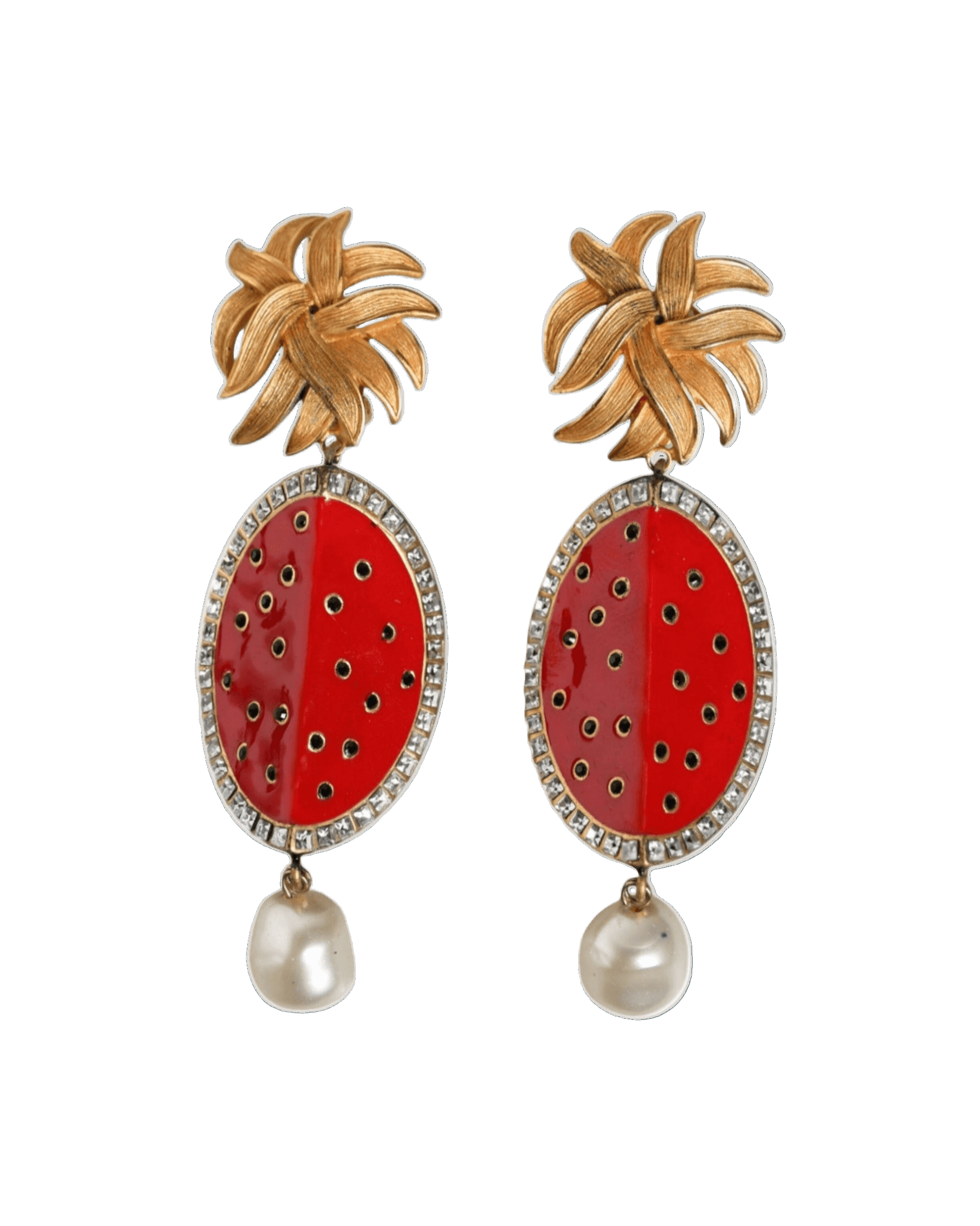 Dolce & Gabbana Watermelon Brass Crystal Clip Dangling Red Gold Earrings Glam Steals
