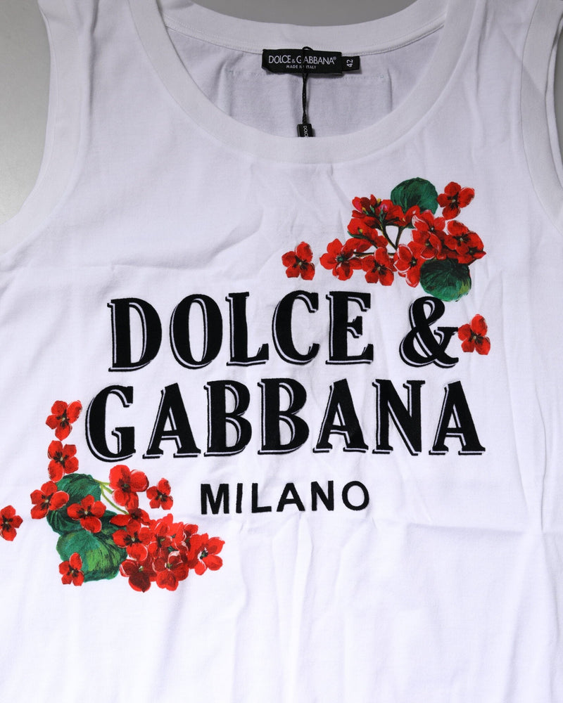 Dolce & Gabbana White Cotton Floral Printed Sleeveless T-shirt Glam Steals