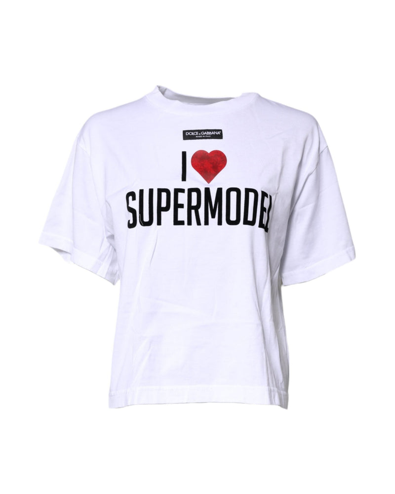Dolce & Gabbana White Cotton Printed Round Neck Top T-shirt Glam Steals