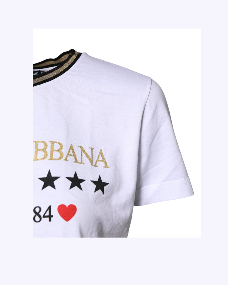 Dolce & Gabbana White Cotton Printed Round Neck Top T-shirt Glam Steals
