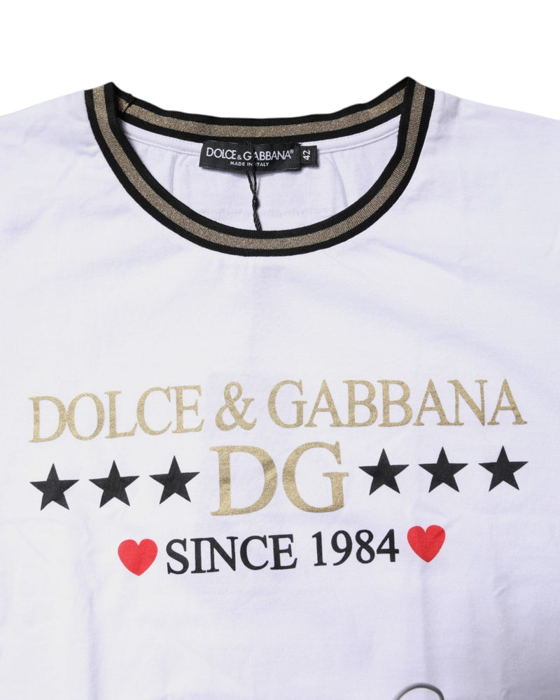 Dolce & Gabbana White Cotton Printed Round Neck Top T-shirt Glam Steals