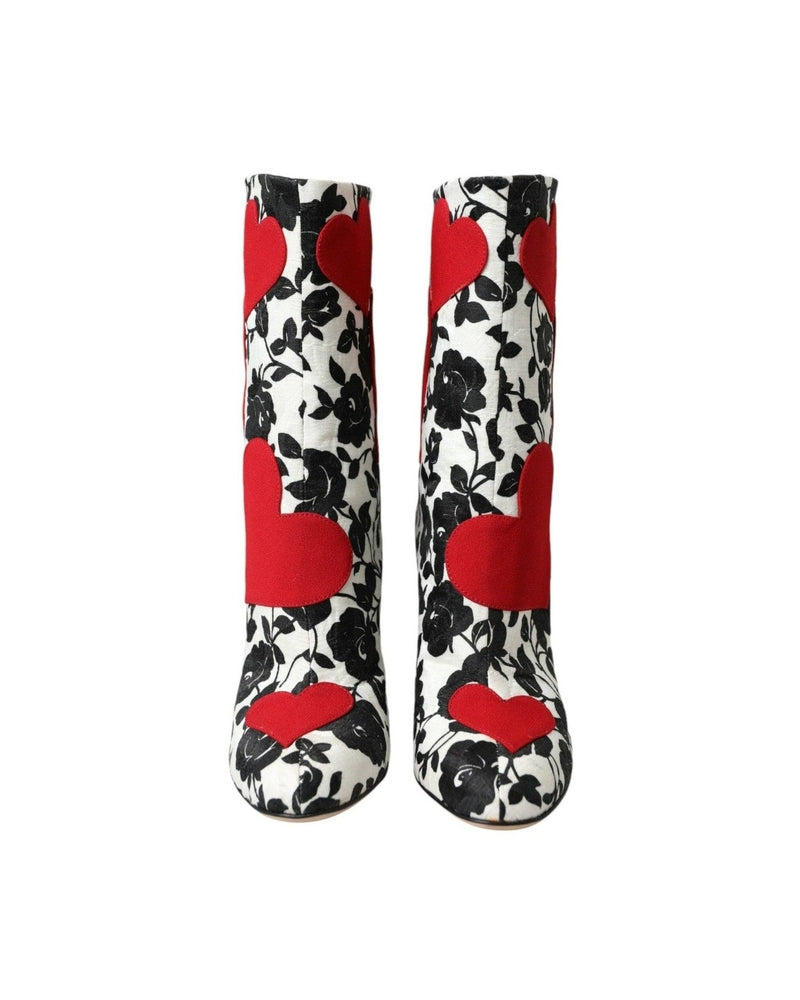 Dolce & Gabbana White Floral Hearts Leather High Boots Shoes Boots