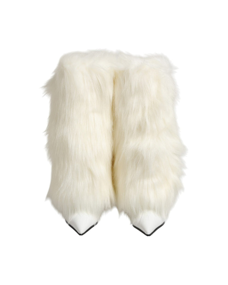 Dolce & Gabbana White Fur Pointed Knee High Stiletto Boots Shoes Glam Steals