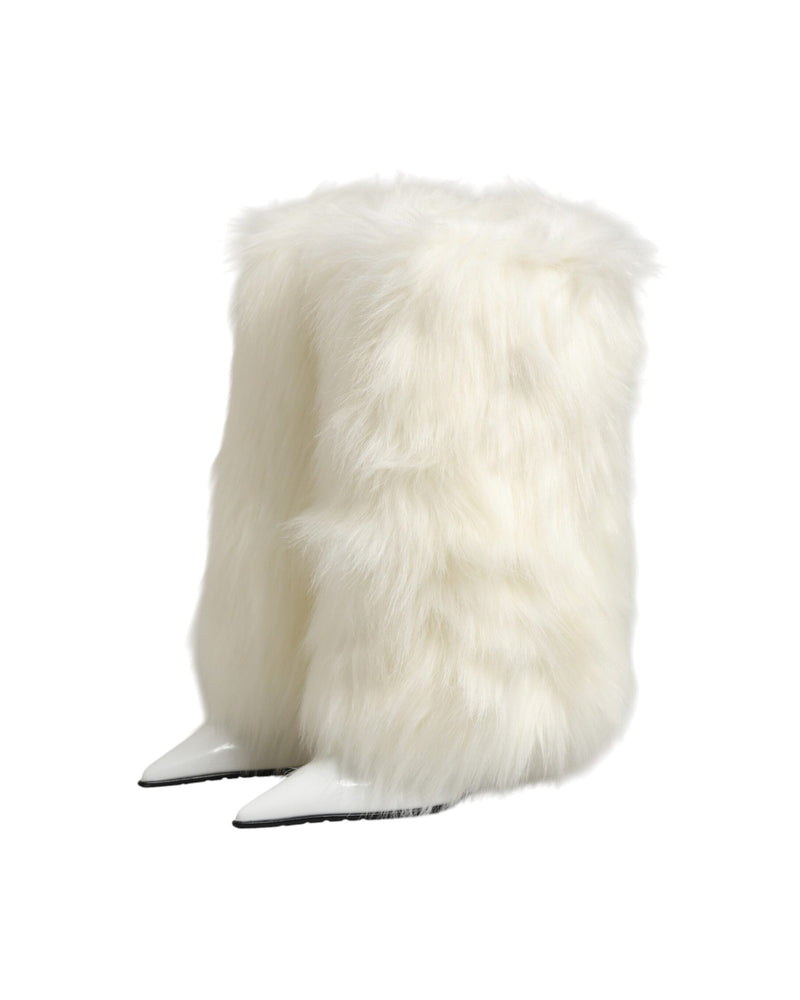 Dolce & Gabbana White Fur Pointed Knee High Stiletto Boots Shoes Glam Steals