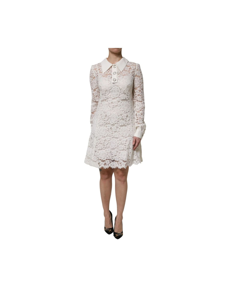 Dolce & Gabbana White Lace Floral Viscose Collared Mini Dress 