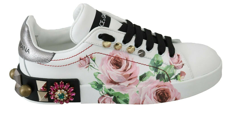 Dolce & Gabbana White Leather Crystal Roses Floral Sneakers Shoes Glam Steals