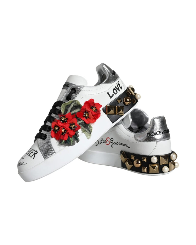 Dolce & Gabbana White Leather Floral Studded Sneakers Shoes Glam Steals
