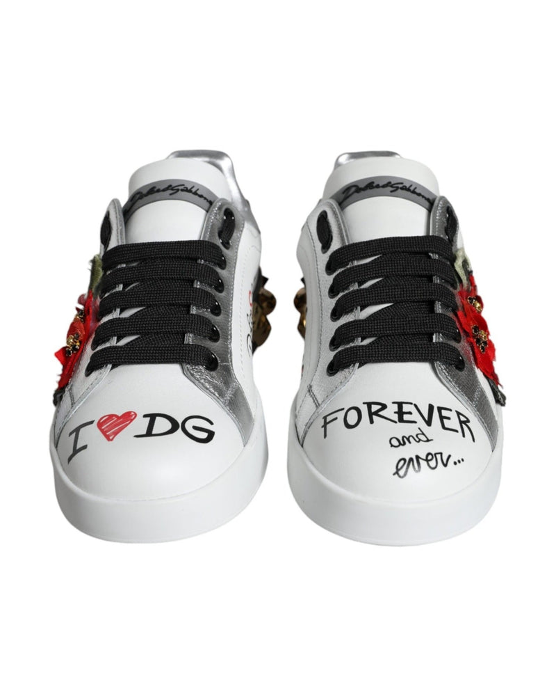 Dolce & Gabbana White Leather Floral Studded Sneakers Shoes Glam Steals