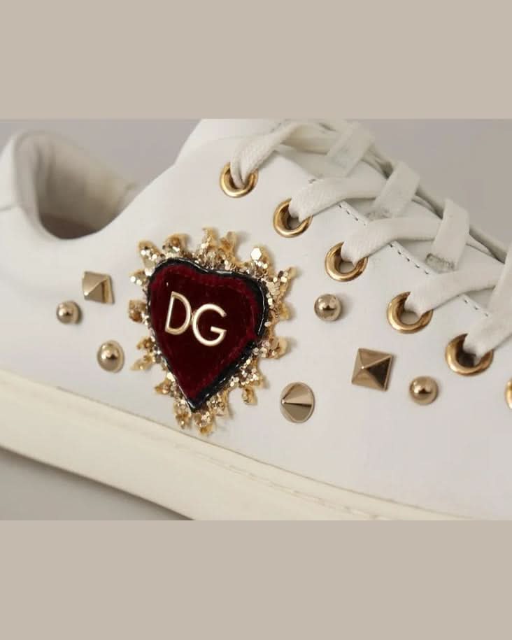 Dolce & Gabbana White Leather Gold Red Heart Sneakers Sneakers