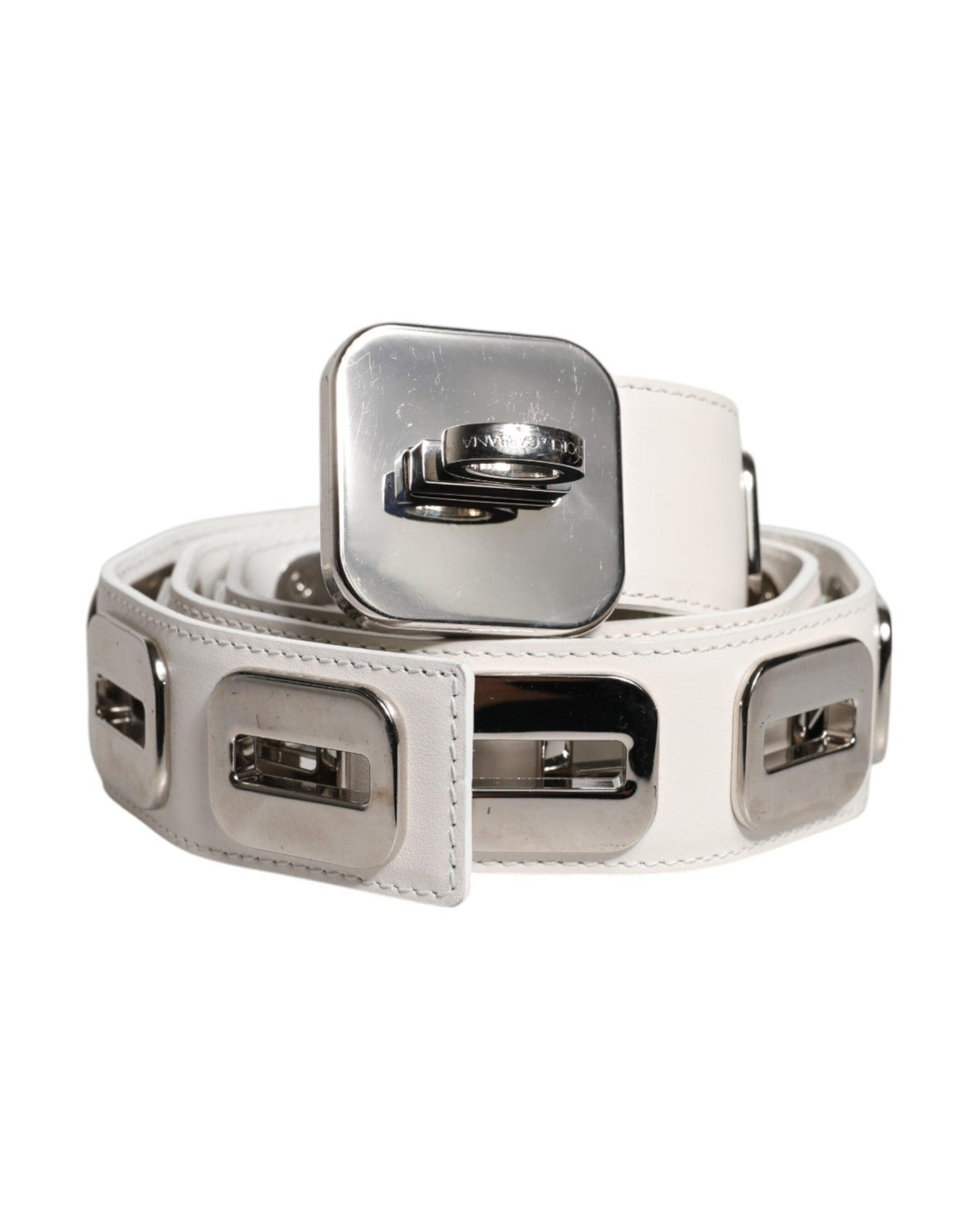Dolce & Gabbana White Leather Gold Tone Rotating Buckle Belt Glam Steals