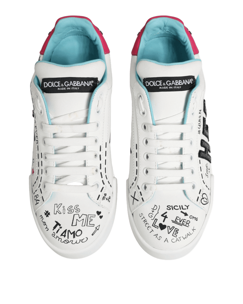 Dolce & Gabbana White Leather Graffiti Low Top Sneakers Shoes Glam Steals