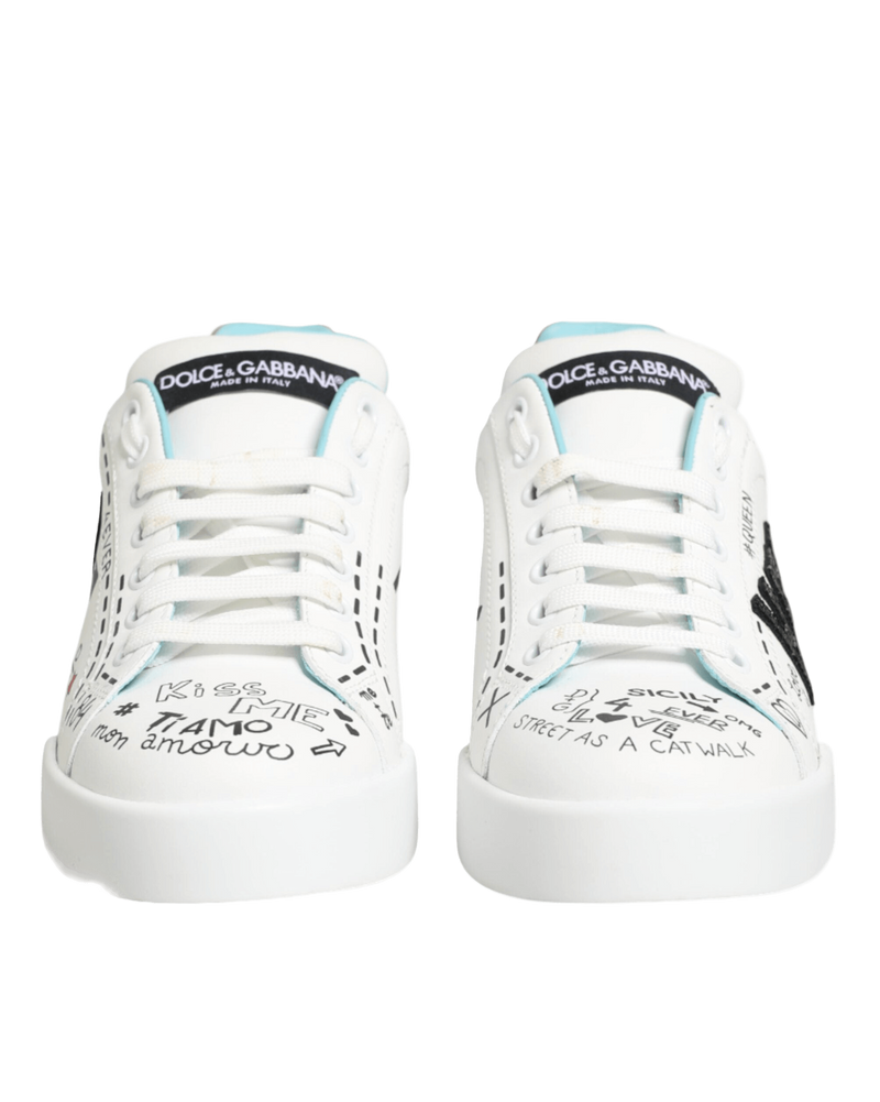 Dolce & Gabbana White Leather Graffiti Low Top Sneakers Shoes Glam Steals