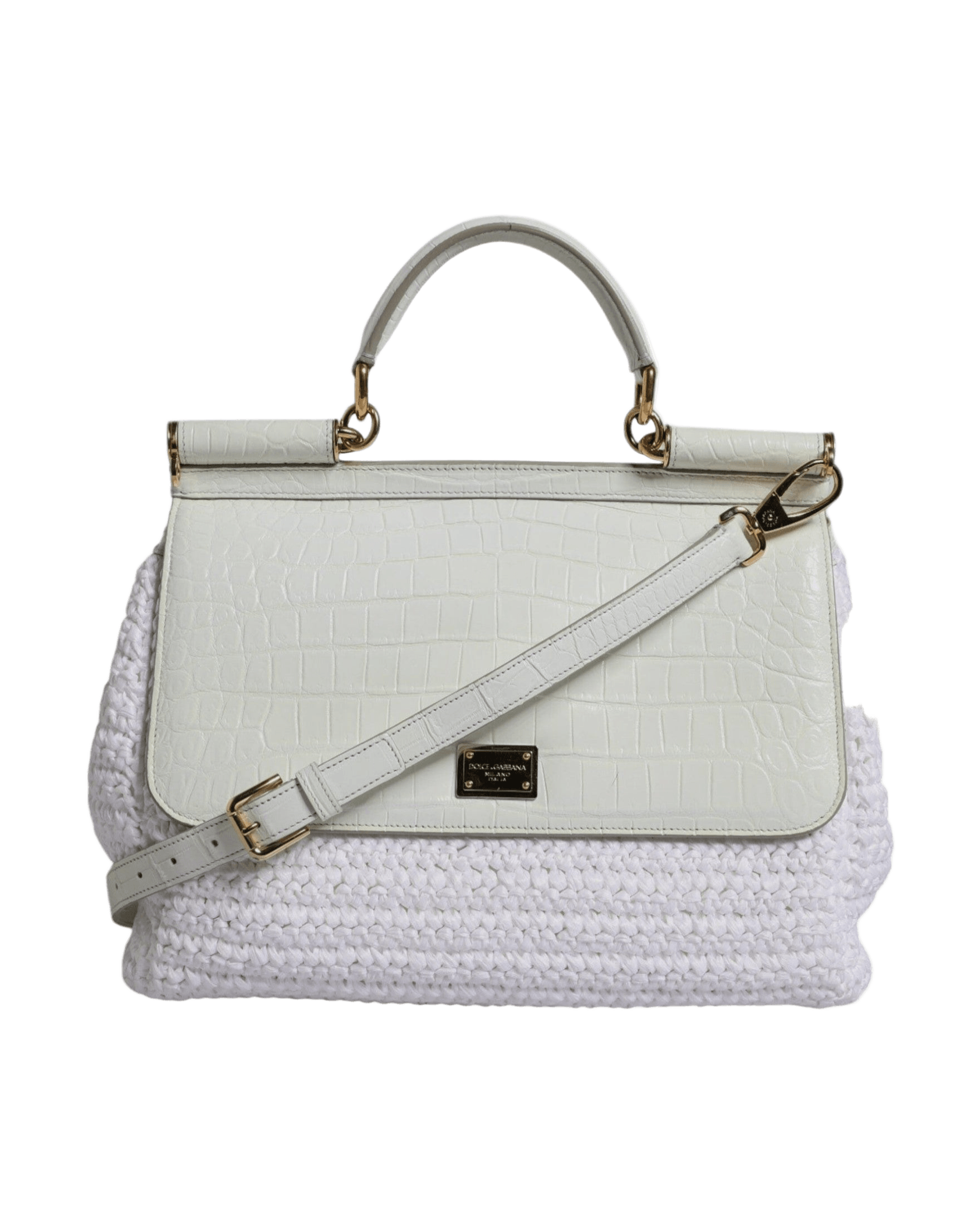 Dolce & Gabbana White Leather Rafia Top Handle Crossbody Bag Glam Steals
