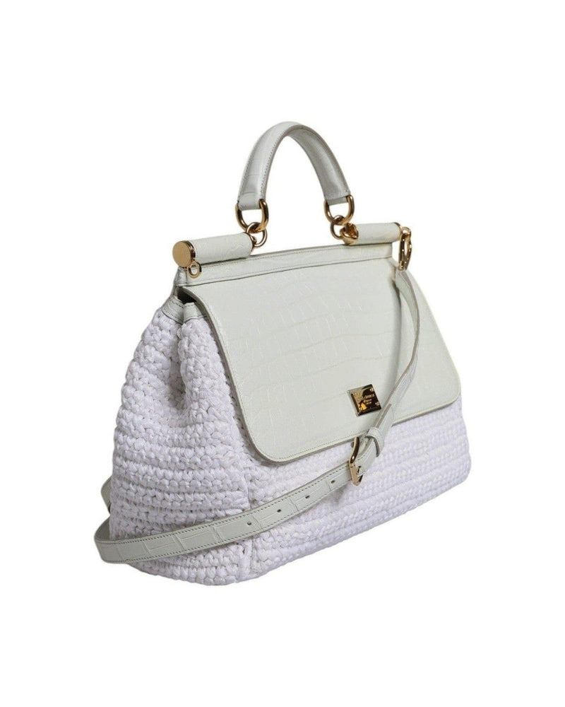 Dolce & Gabbana White Leather Rafia Top Handle Crossbody Bag Glam Steals