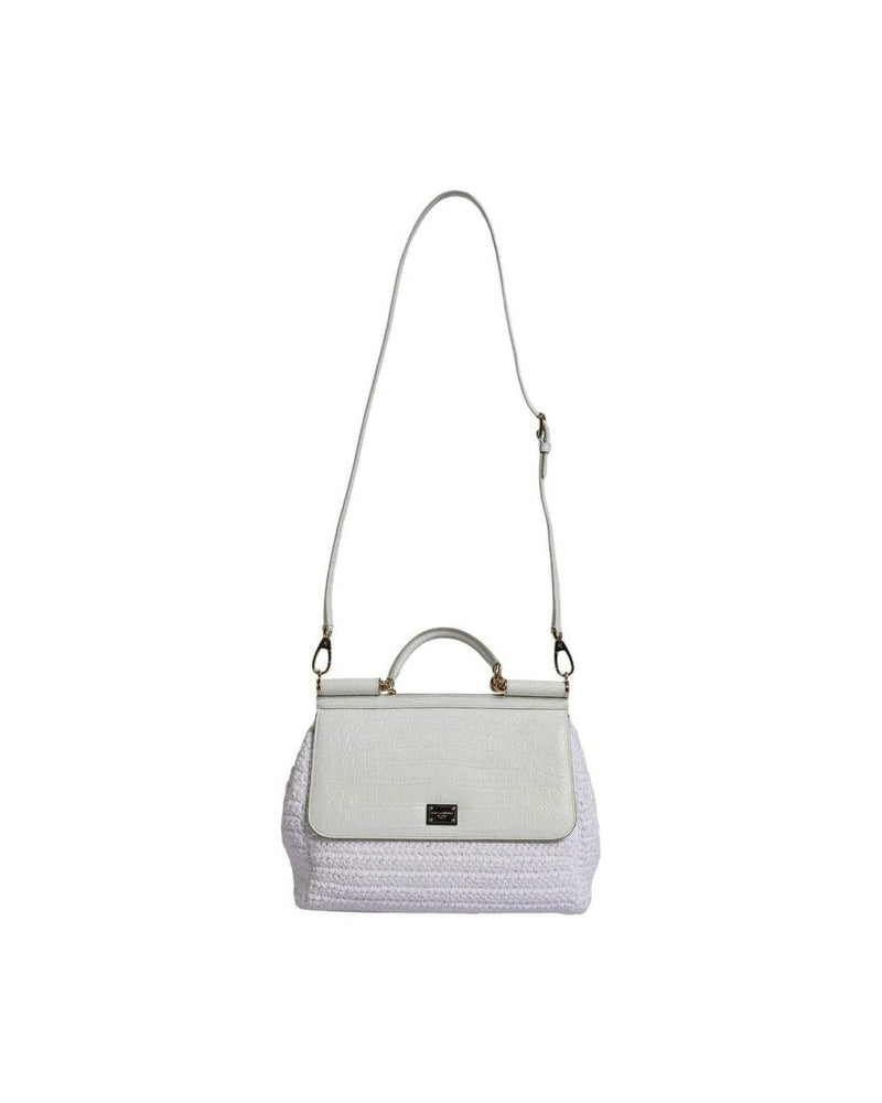 Dolce & Gabbana White Leather Rafia Top Handle Crossbody Bag Glam Steals