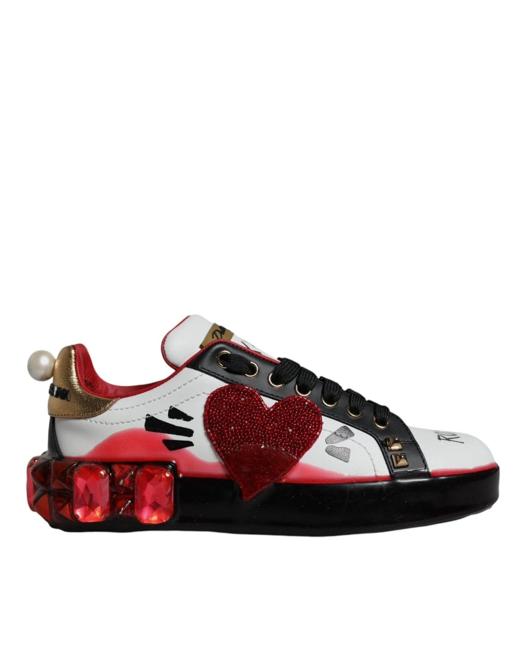 Dolce & Gabbana White Leather Red Crystals Portofino Sneakers Shoes Sneakers