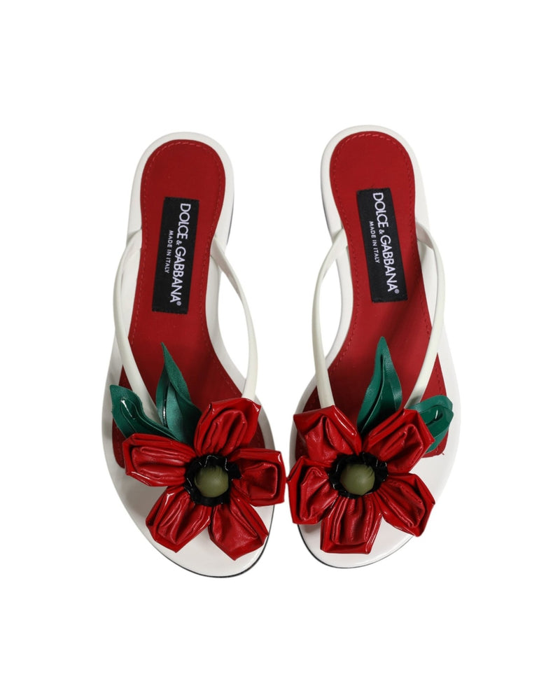 Dolce & Gabbana White Leather Red Keira Flower Sandals Shoes Sandals