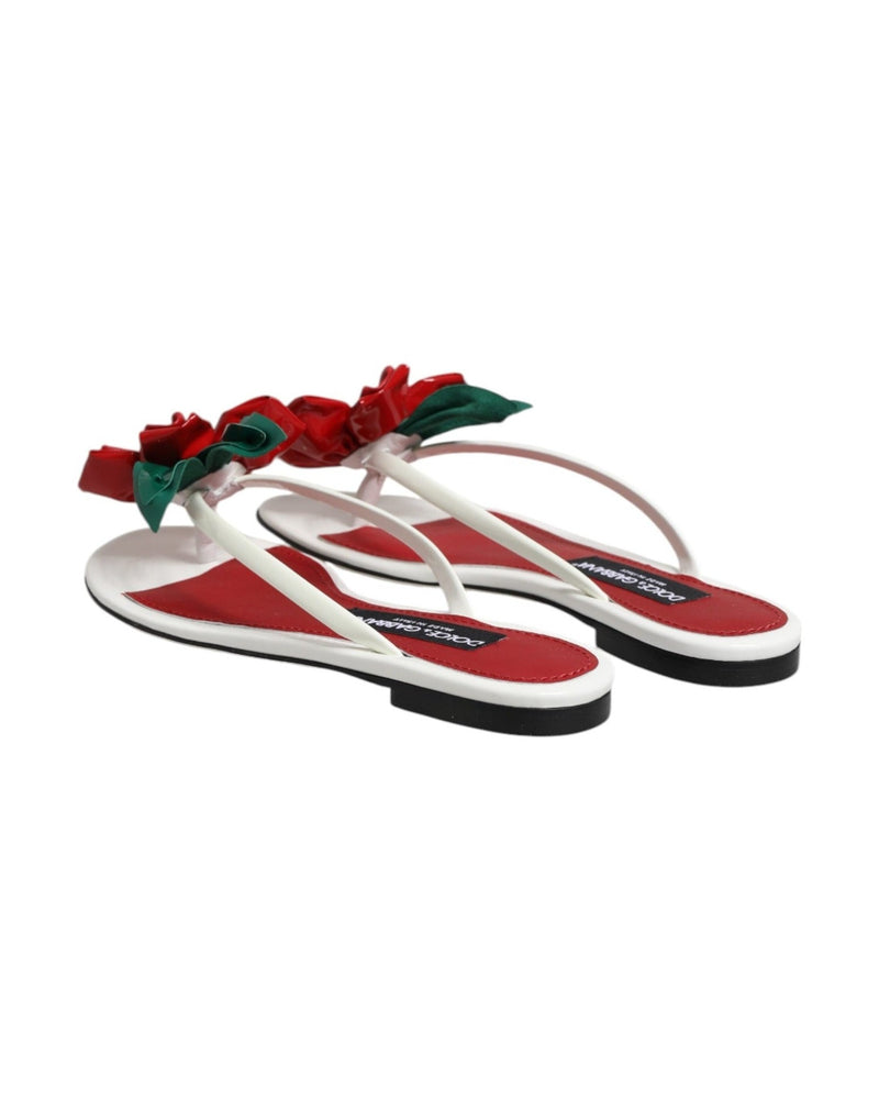 Dolce & Gabbana White Leather Red Keira Flower Sandals Shoes Sandals
