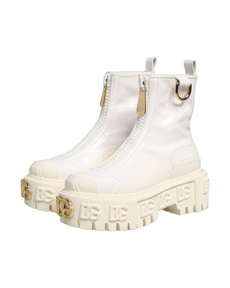 Dolce & Gabbana White Leather Rubber Logo Ankle Boots 