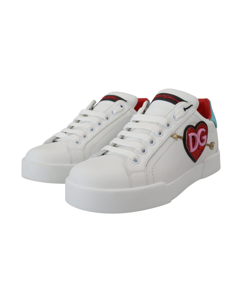 Dolce & Gabbana White Leather Sneaker Portofino Logo Heart Shoes Glam Steals