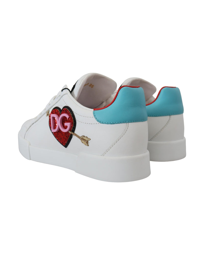 Dolce & Gabbana White Leather Sneaker Portofino Logo Heart Shoes Glam Steals