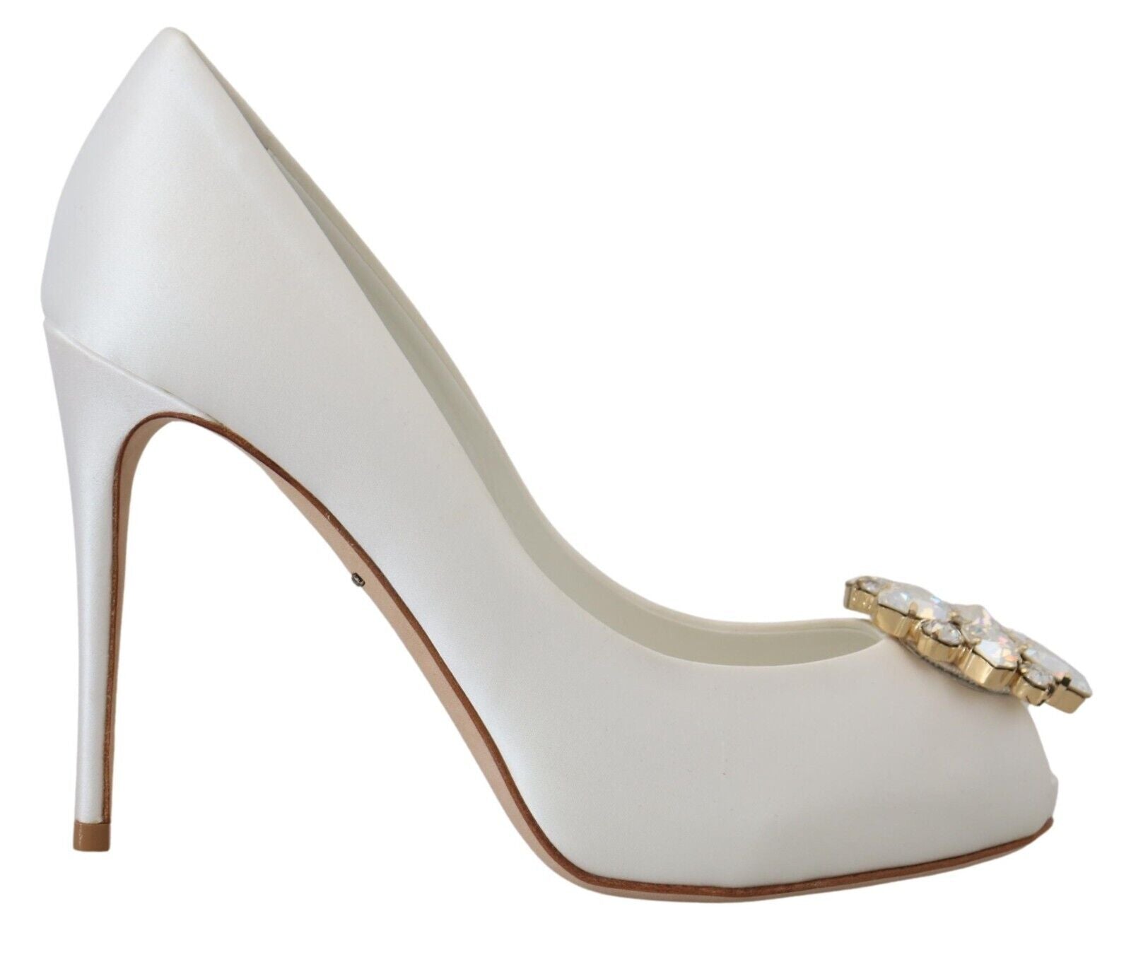 Dolce & Gabbana White Satin Crystals Peep Toe Heel Pumps Glam Steals