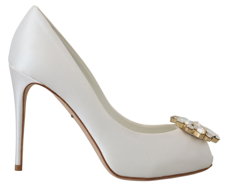 Dolce & Gabbana White Satin Crystals Peep Toe Heel Pumps Glam Steals