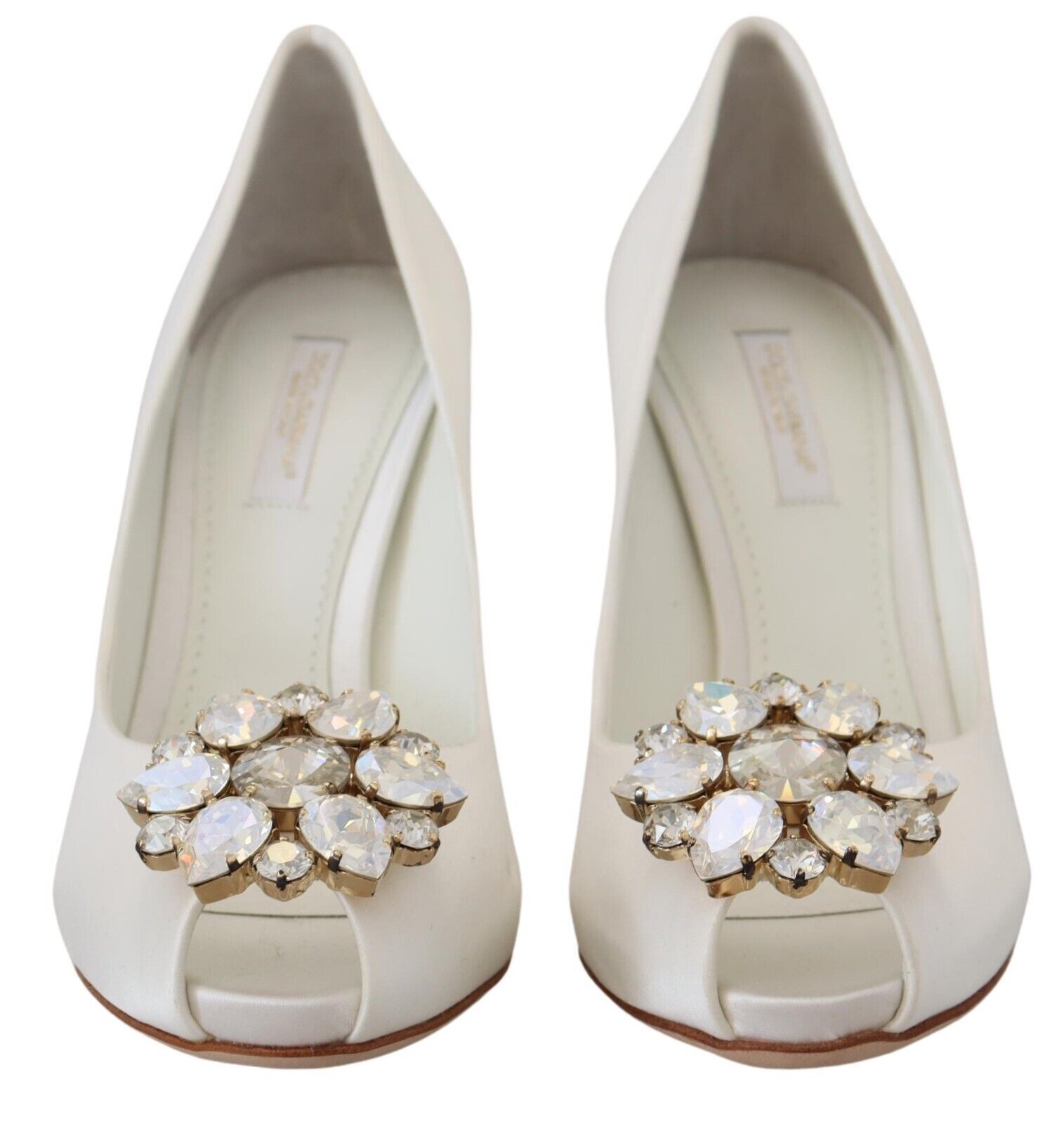 Dolce & Gabbana White Satin Crystals Peep Toe Heel Pumps Glam Steals