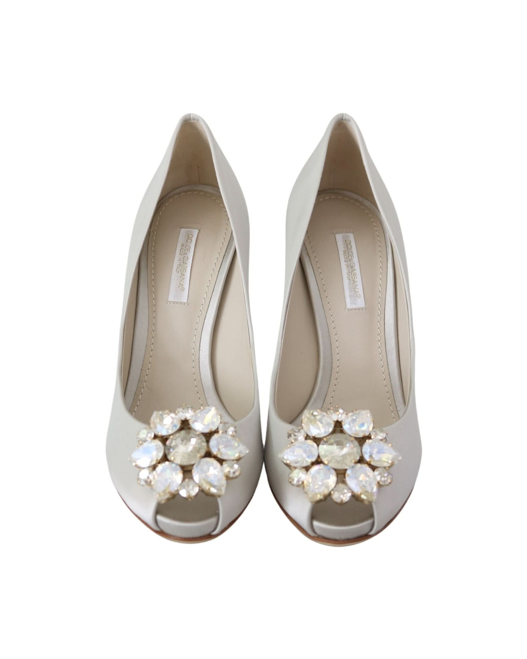 Dolce & Gabbana White Satin Crystals Peep Toe Heels Heels
