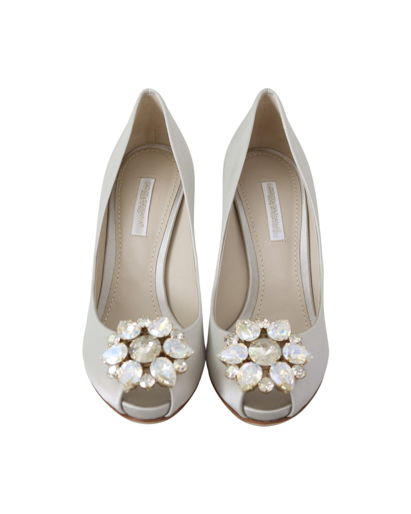 Dolce & Gabbana White Satin Crystals Peep Toe Heels Glam Steals