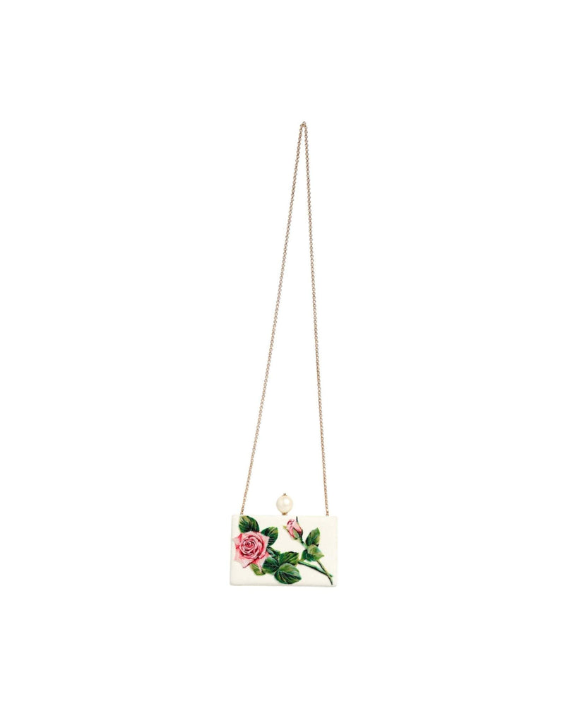 Dolce & Gabbana White Silk Rose Embroidery Gold Frame Clutch Purse Bag Glam Steals