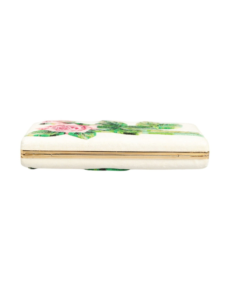 Dolce & Gabbana White Silk Rose Embroidery Gold Frame Clutch Purse Bag Glam Steals