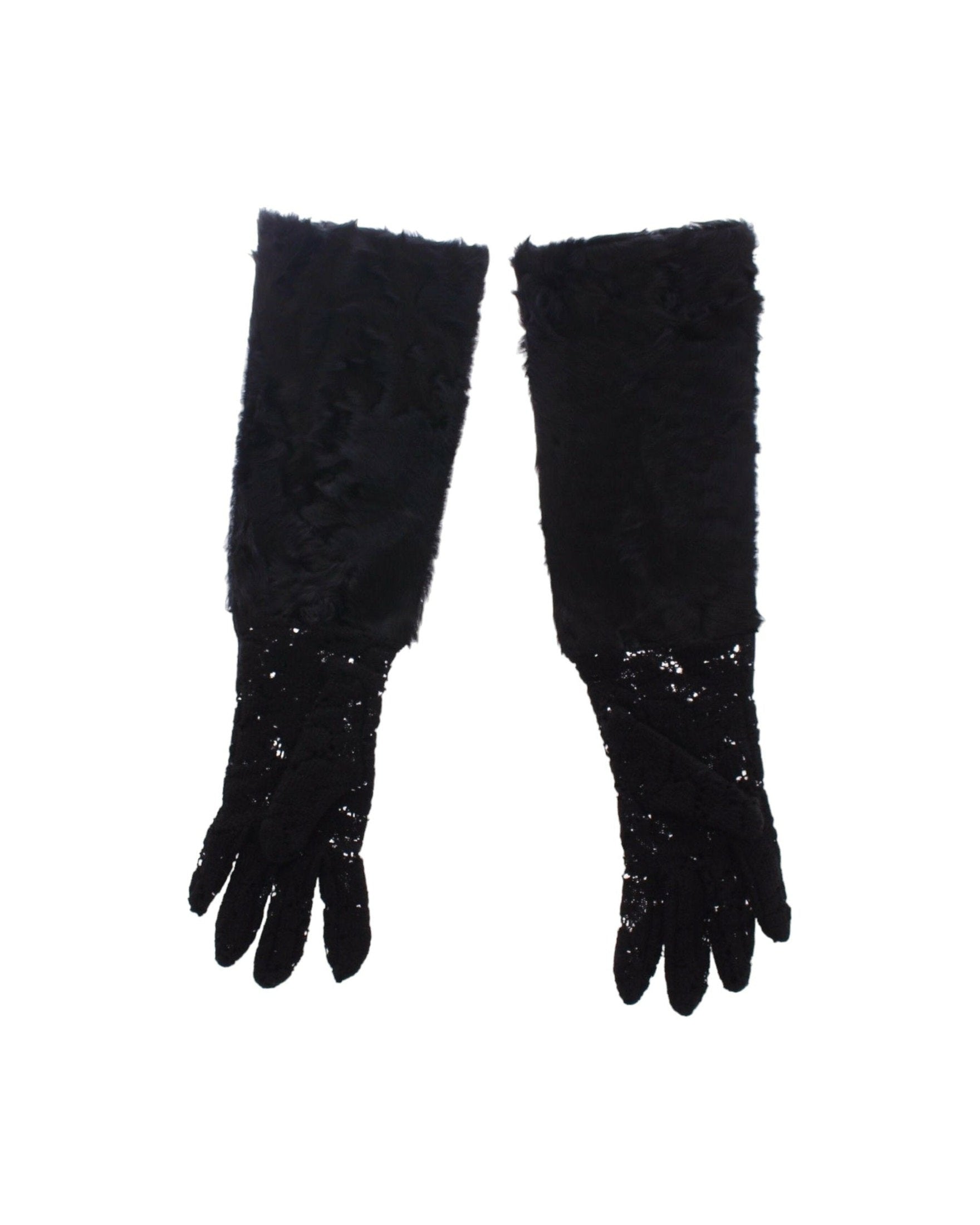 Dolce & Gabbana Wool Lace & Lamb Fur Elbow Black Gloves Glam Steals
