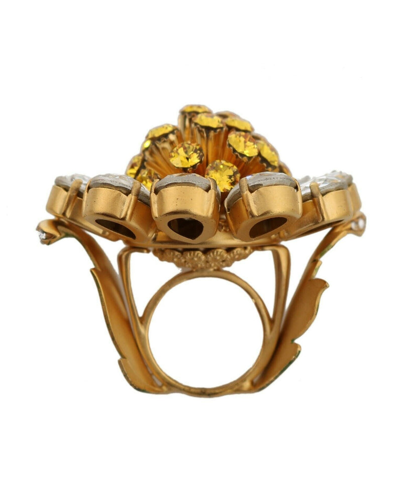 Dolce & Gabbana Yellow Gold Brass Crystal Flower Ring Glam Steals