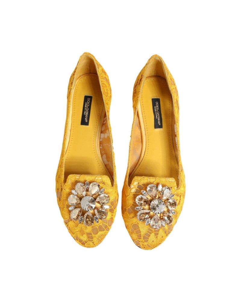 Dolce & Gabbana Yellow Lace Taormina Crystals Flats Shoes Shoes