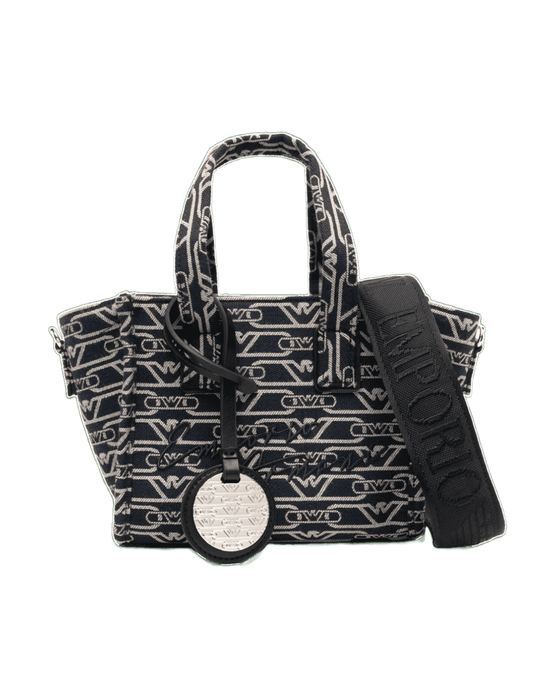Emporio Armani Canvas Small Tote Bag in All Over Monogram Jacquard Glam Steals
