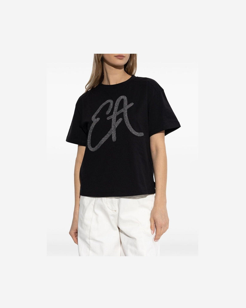 Emporio Armani Cotton Jersey T-shirt with Oversized Lurex Logo Glam Steals