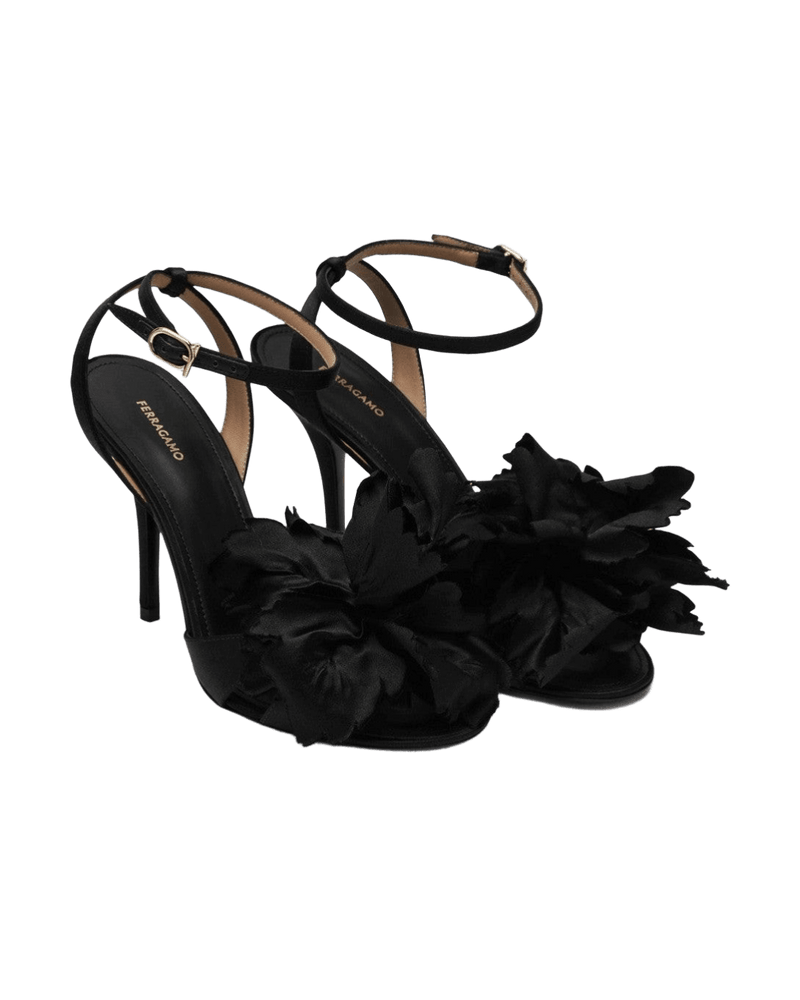 Ferragamo Satin Black Flower Sandals Glam Steals