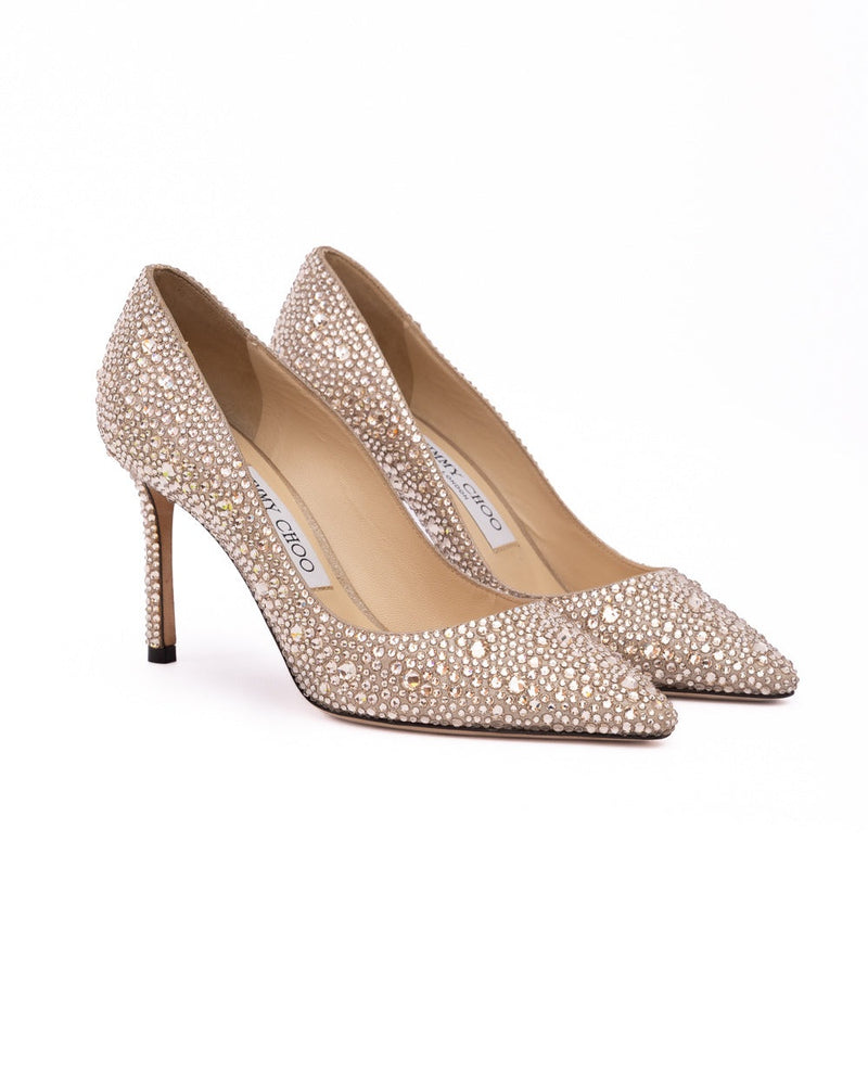 Jimmy Choo Gold Suede Honey Shimmer Crystals Romy 85 Pumps Glam Steals