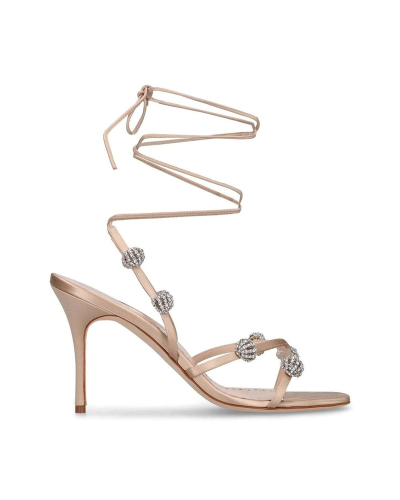 Manolo Blahnik Beige Silk Stiletto Heel Sandals Glam Steals