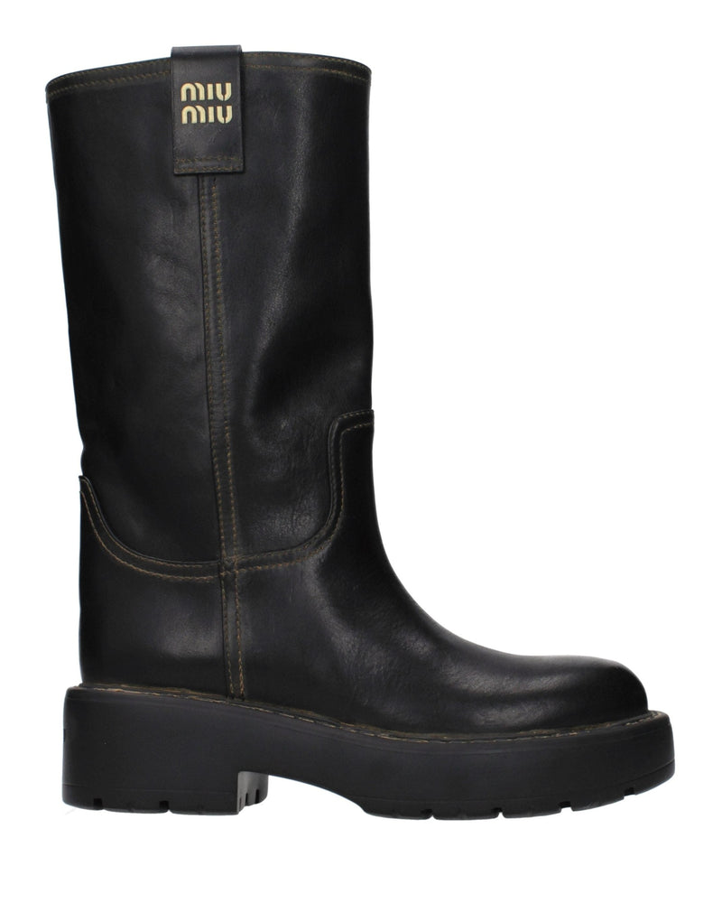 Miu Miu Black Leather Flat Boots 