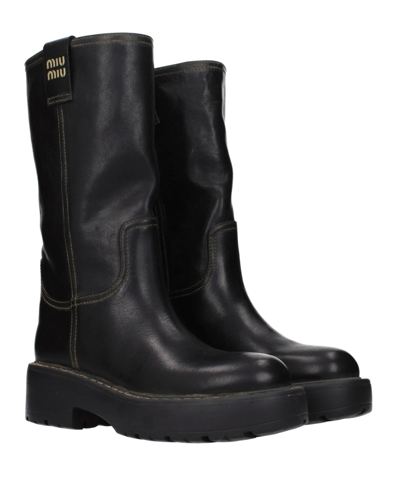 Miu Miu Black Leather Flat Boots 