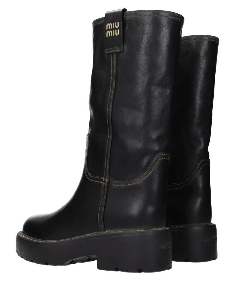 Miu Miu Black Leather Flat Boots 