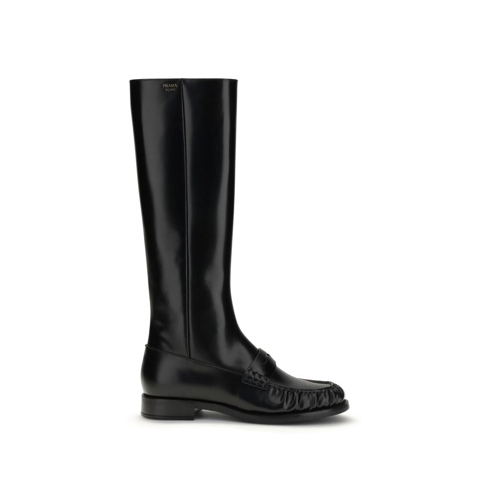Prada Black Calf Leather Bos Taurus Flat Boots Glam Steals