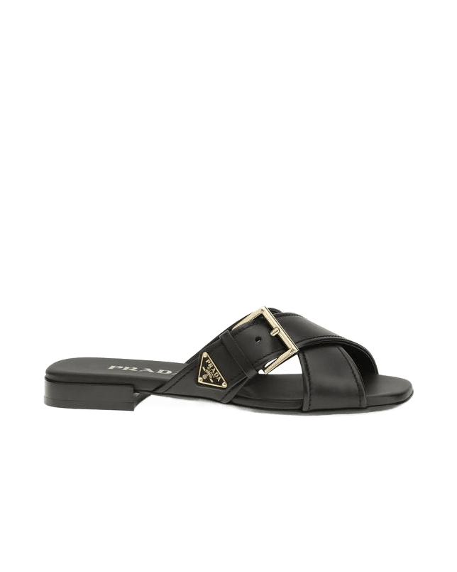 Prada Black Calf Leather Bos Taurus Flat Sandals Glam Steals