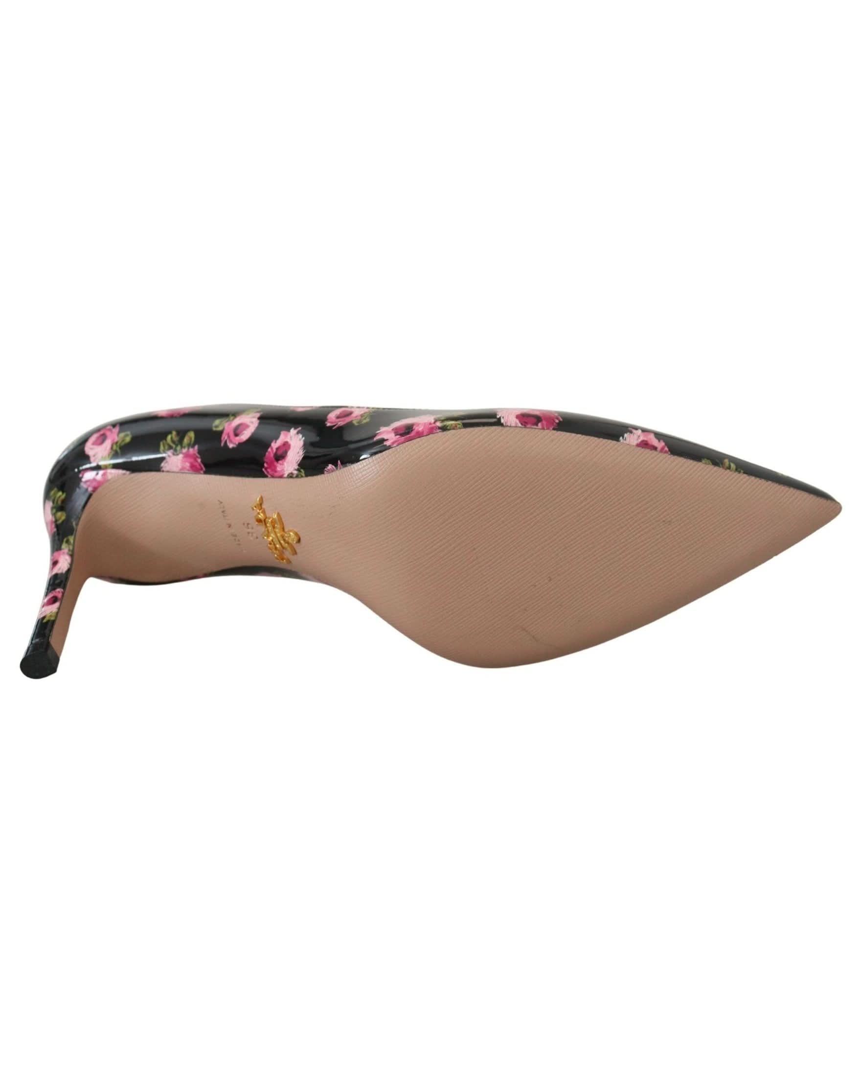 Prada Black Leather Floral Heels Stilettos Pumps Heels