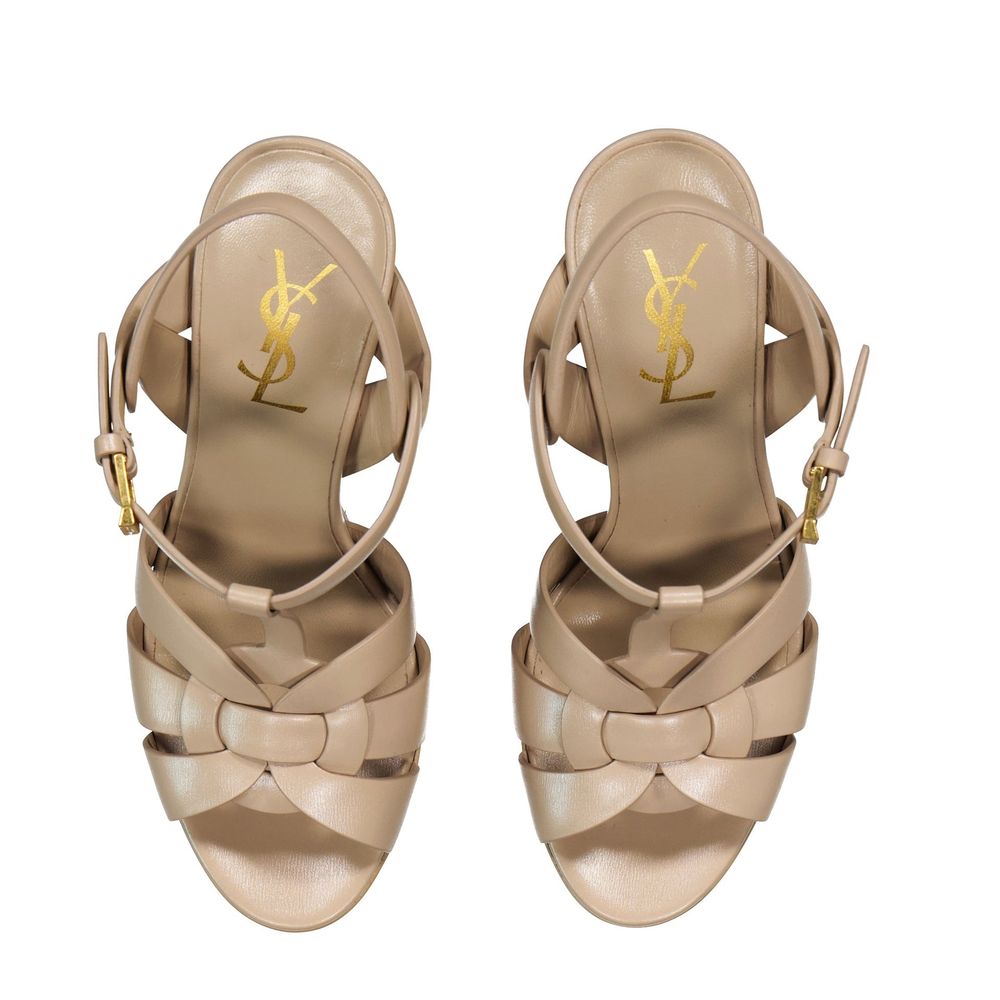 Saint Laurent Beige Calfskin Platform Sandals Heels